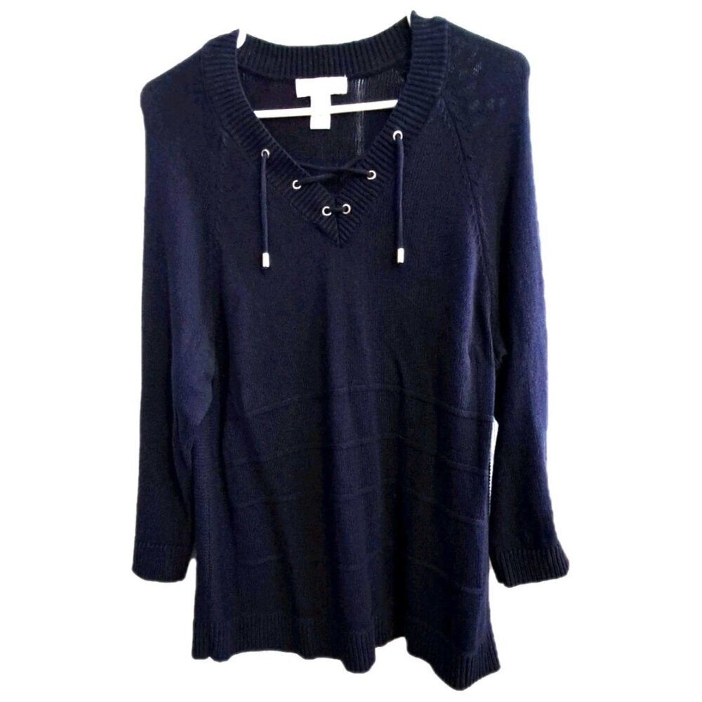 Christopher & Banks Women's Navy Raglan Sleeve V-Neck Cotton Sweater